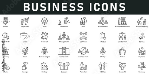 Business Icons vector illustration with thin line editable stroke contain teamwork, target, leadership, profit, deal, meeting, presentation, career, productivity, management, planning, solution, trade
