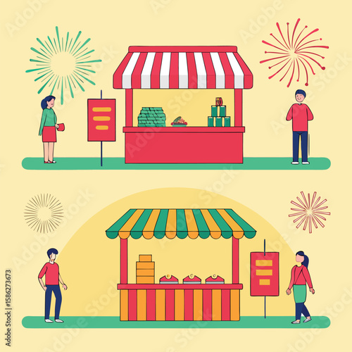 Flat Vector Illustration of Festival Stalls and People