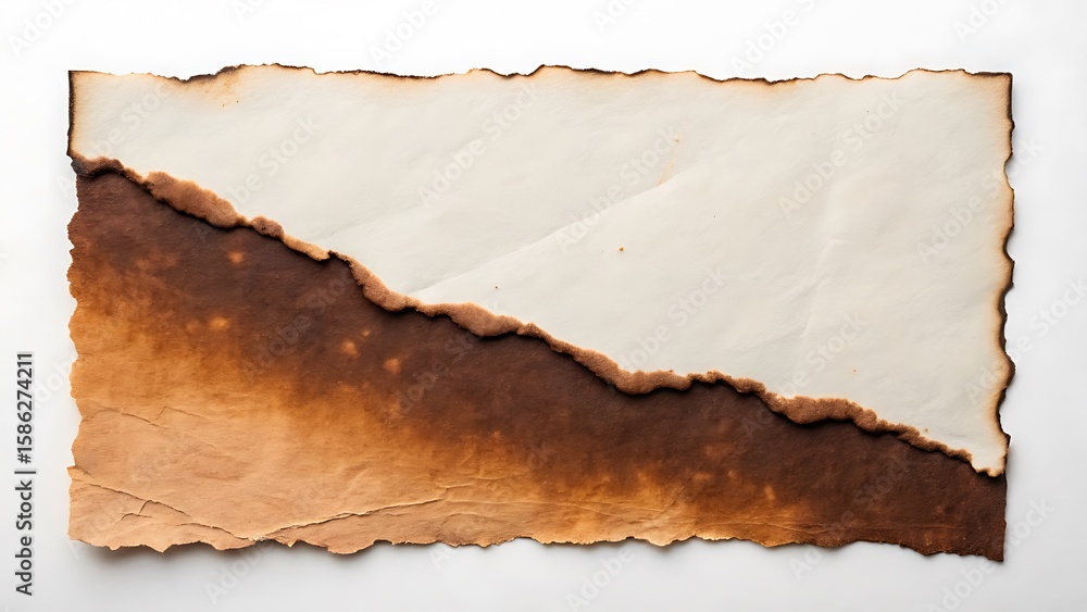 Fototapeta premium A torn and burnt piece of paper with a rough textured edge