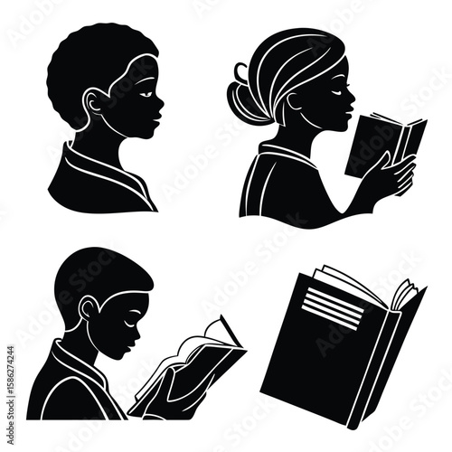 A vector illustration of a happy man and woman sitting and reading a book together for education and learning