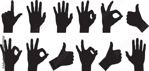 Black hand gestures showing various hand signs like thumbs up O K and counting on white background