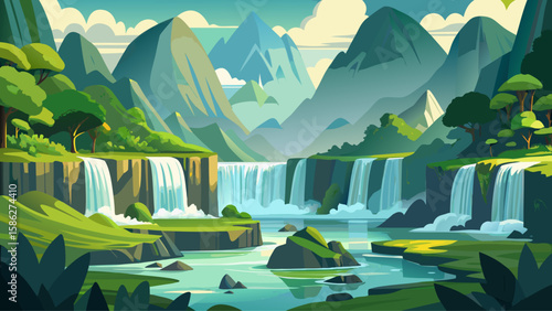 Ban Gioc Waterfall, Cao Bang, Vietnam – Cascading waters descend in multiple tiers. Surrounded by lush greenery, this serene natural wonder blends power and peace for a richly detailed vector backdrop