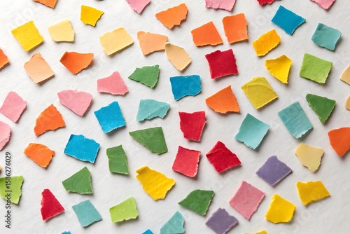 Scattered colorful torn paper pieces on a white textured background