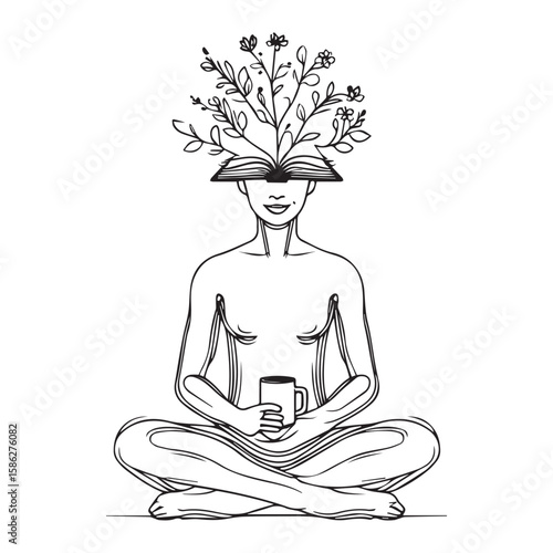 A person sits in a meditative yoga pose, an open book with plants growing from it rests on their head, and they hold a warm cup