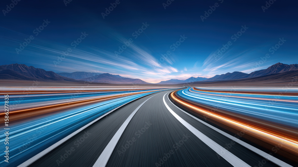 Obraz premium Dynamic view of winding road with vibrant light trails, showcasing sense of speed and motion against backdrop of mountains and clear blue sky. scene evokes feelings of adventure and freedom
