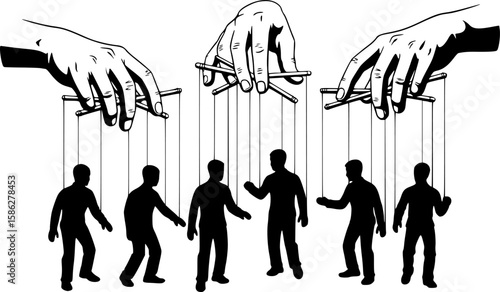 puppet show with human silhouettes manipulated by large hands, string control, monochrome vector graphic