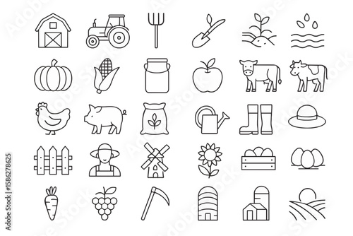 Unique farm and farming line icons collection in flat design for UI