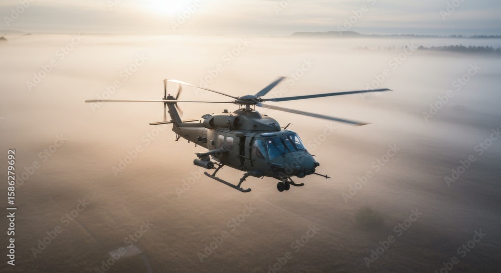 Fototapeta premium Military helicopter flying above a foggy landscape during sunrise. Aerial view of airborne military aircraft performing a mission.