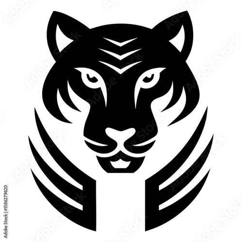 Bold black tiger head vector logo. Strong, fierce symbol ideal for sports, security, tech, and aggressive branding.