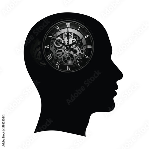 Vector art of silhouette of a human head with a clockwork mechanism inside isolated on transparent background