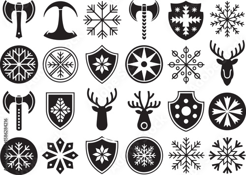 Black and White Nordic Viking Runes, Axes, Shields, and Reindeer Antlers Icon Set