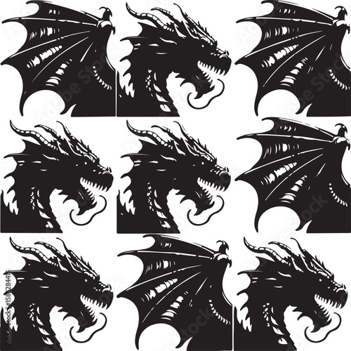 a set of 9 fantasy dragon scale tile patterns in black silhouette, high realism on white background