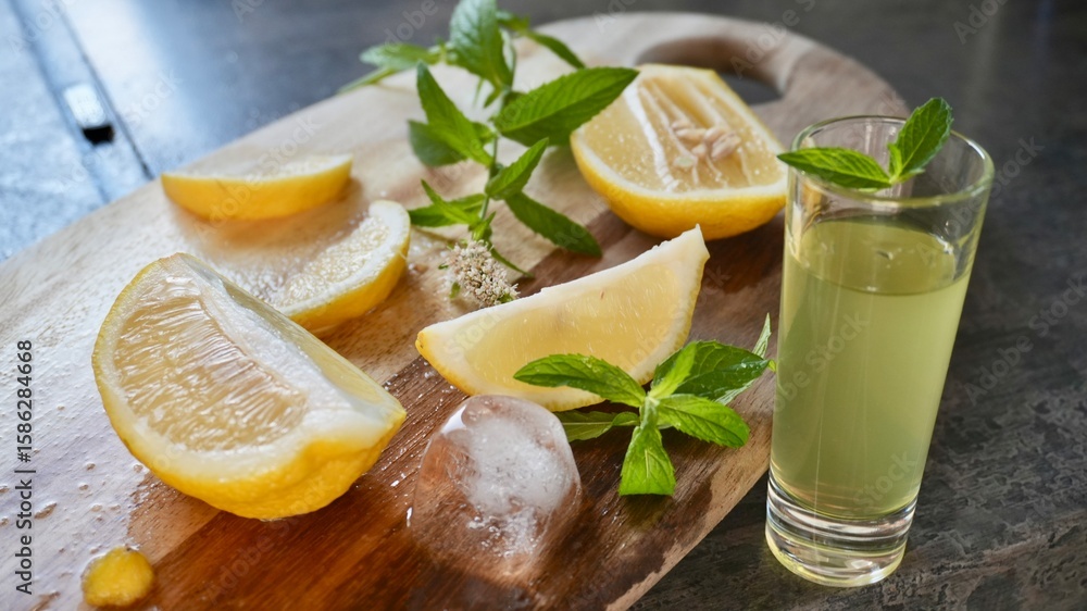 Fototapeta premium Glass of fresh homemade lemonade with lemon slices, mint, and ice cubes. Refreshing summer drink perfect for healthy lifestyle, detox, or beverage themes.
