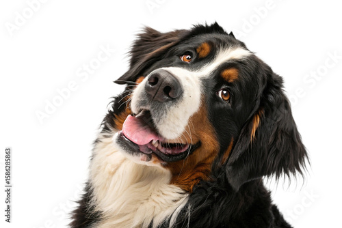 Studio portrait of Bernese Mountain Dog with open mouth and tilted head, showing happy expression on white background
