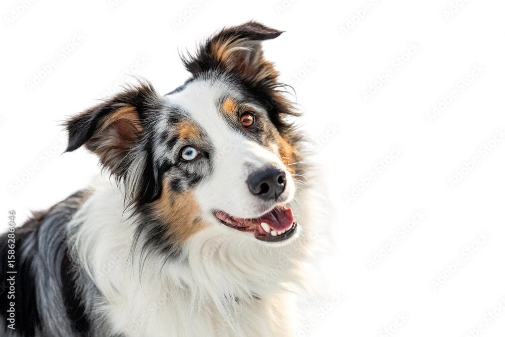 Fototapeta premium Australian Shepherd with heterochromatic eyes outdoors in snow, showing joyful expression and fluffy winter coat