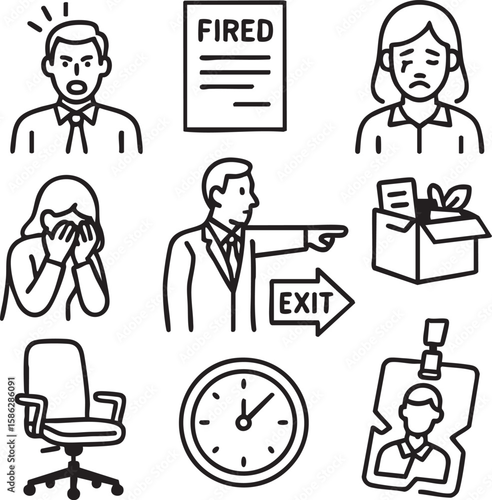 Fototapeta premium Line Art Style Illustrations of Job Layoff, Workplace Crisis, and Employee Emotions