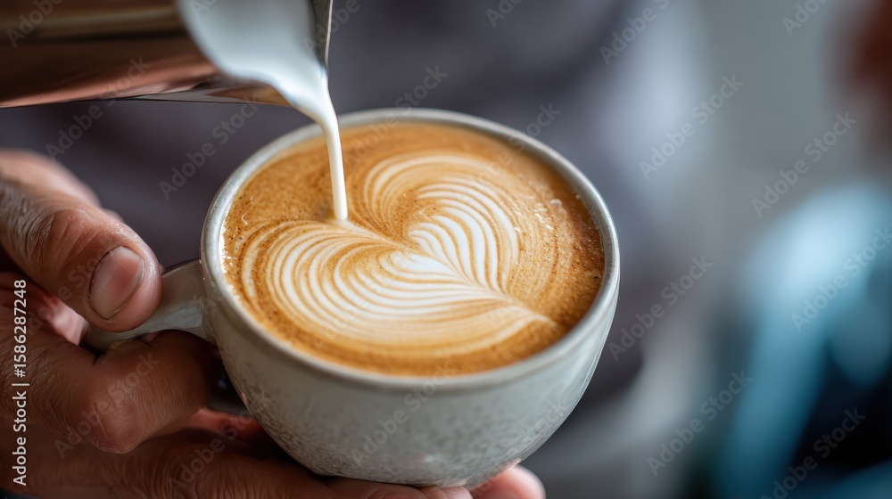 Barista making pouring stream milk with coffee latte art pattern heart shape Barista making pouring stream milk with coffee latte art pattern heart shape