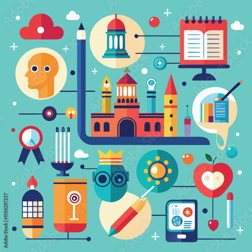 Colorful abstract flat design illustrating education creative thinking inspiration and learning concepts with stylized elements.