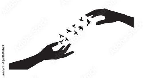 Vector art of silhouetted hands releasing a flock of birds into the sky isolated on transparent background