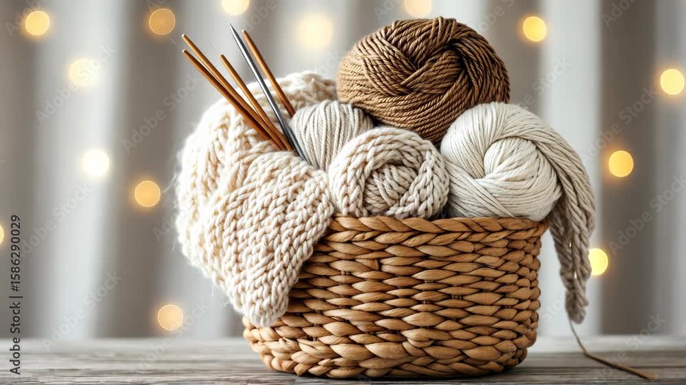 A basket filled with soft, colorful yarn balls and knitting needles showcases the perfect setup for creative crafting and relaxation A basket filled with soft, colorful yarn balls and knitting needles showcases the perfect setup for creative crafting and relaxation