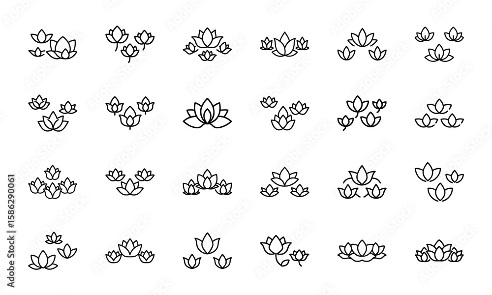 Fototapeta premium Hand-Drawn Flower Icon Bundle Featuring Lotus, Rose, Lily, Sunflower, Hibiscus, and Other Blooming Floral Designs in Minimal Line Style — Perfect for Web, Botanical Logos, and Nature-Themed UIUX Proje
