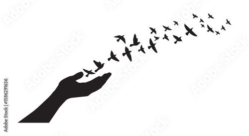 Vector art of silhouette of an open hand releasing a flock of birds isolated on transparent background
