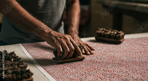 Close-up of a person's hands using a wooden block to print a red pattern onto a white fabric, with other blocks nearby.