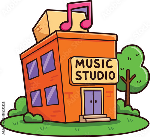 Music studio building with musical note and surrounding trees in cartoon style vector illustration 