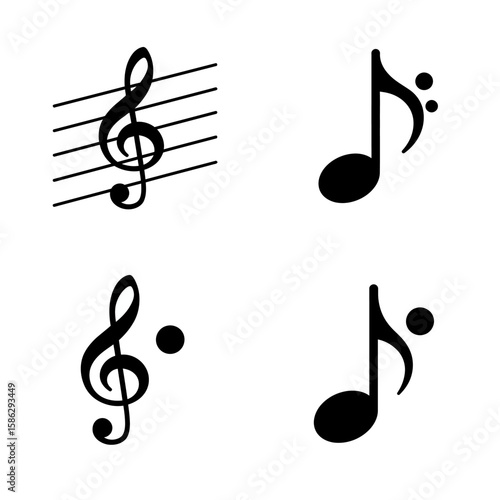 Collection of black musical notes and treble clef on white background