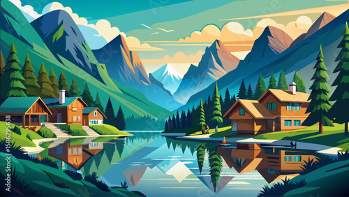 Uzungöl, Trabzon, Turkey – Mirror-like lake sits calmly in a valley of pine-covered mountains. Traditional wooden houses dot the landscape, making Uzungöl a tranquil scene perfect for vector scenery.
