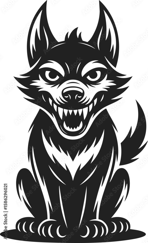 Obraz premium Barghest, phantom black dog, vintage engraved vector illustration of a fierce canine with sharp teeth and intimidating stance