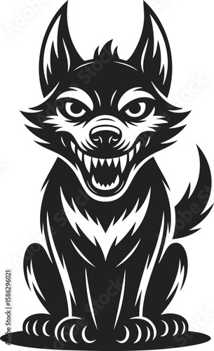 Barghest, phantom black dog, vintage engraved vector illustration of a fierce canine with sharp teeth and intimidating stance