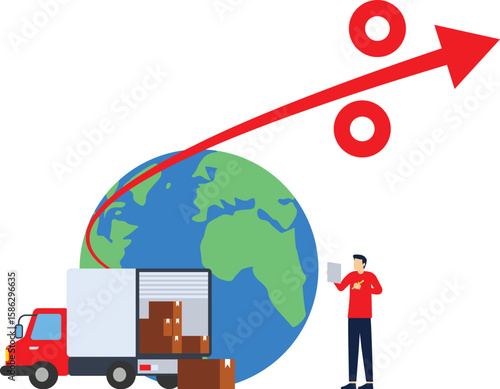 concept of reducing taxes and fees on import and export of goods. tariff report. trucks transporting products for export and import. tariff reduction and economy. flat style design illustration


