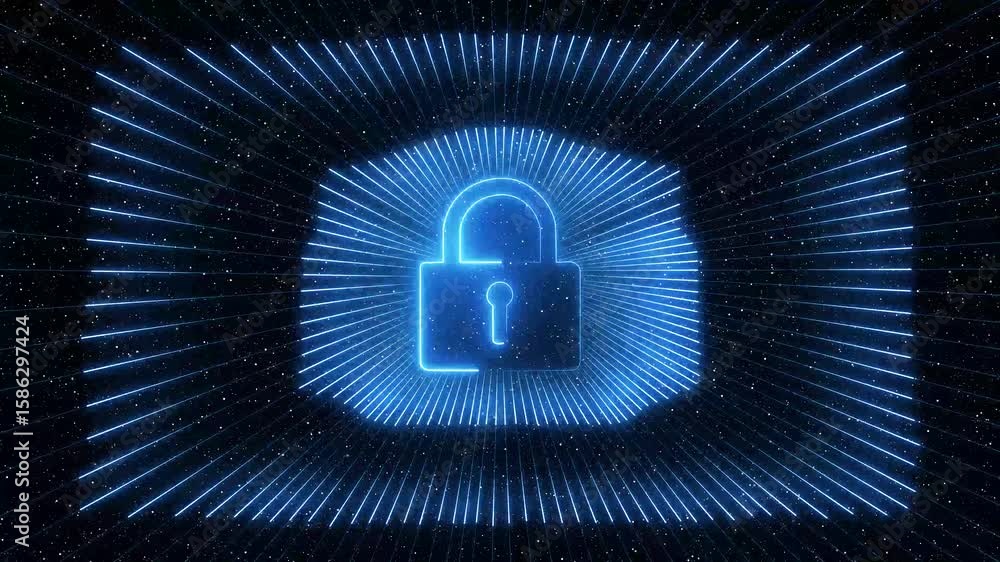 neon Cyber security data protection business technology privacy concept. glowing neon cyber security concept , blue Neon sign lock technology icon animation.