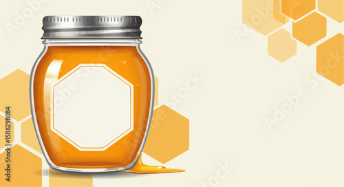 Honey Jar Vector Mockup with Hexagonal Label and Honeycomb Design