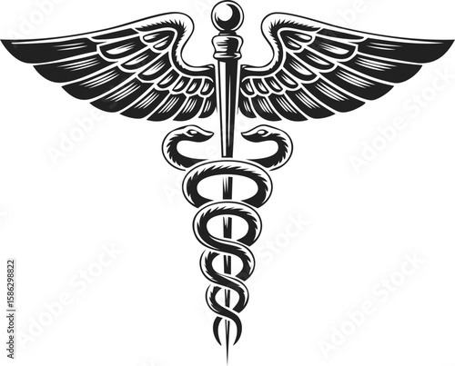 Caduceus symbol, medical emblem, staff of Hermes, winged staff, healing symbol, medical snake, physician logo, vintage engraving, health care design, botanical illustration
