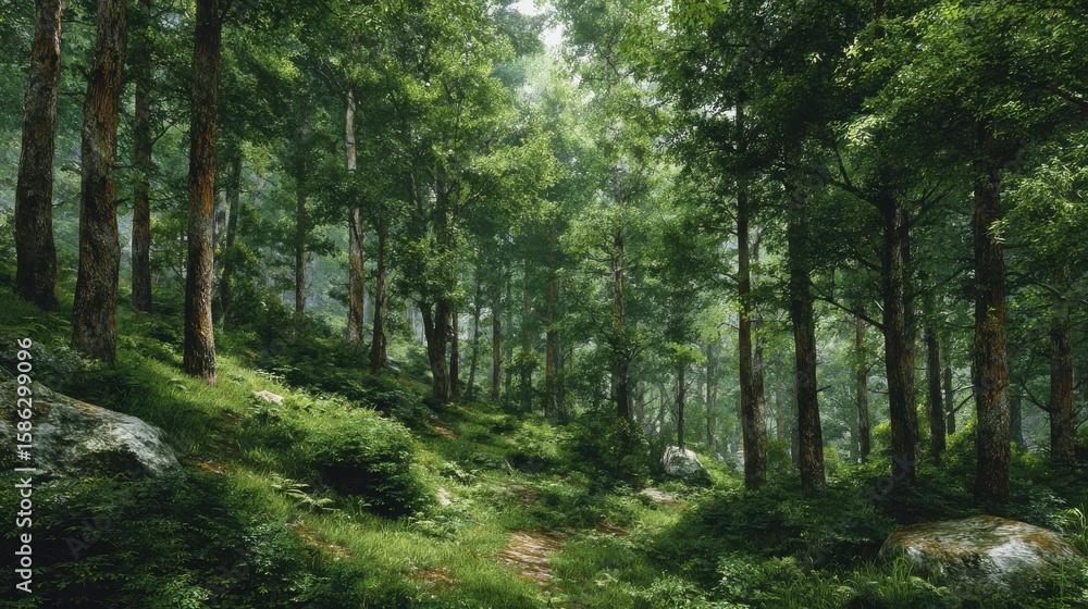 Obraz premium a lush green forest filled with lots of trees