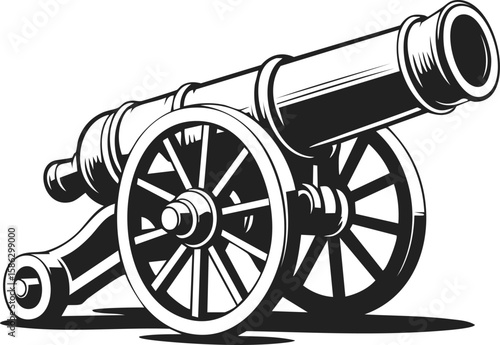 Cannon, artillery piece, vintage cannon with wheels, historical weapon, engraved illustration in classic style