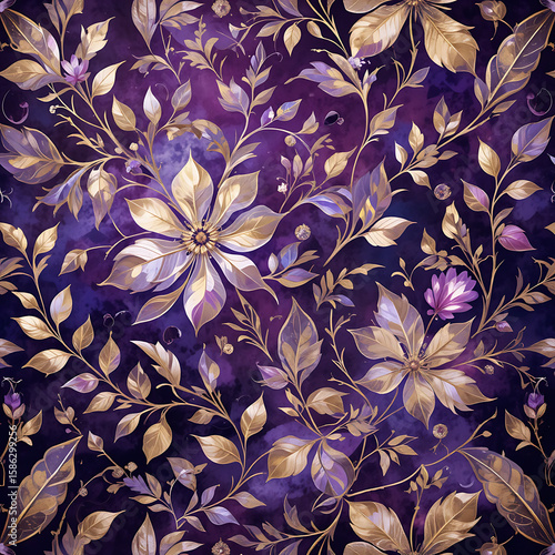 Abstract floral golden shine shimmering with leaves and branches in purple and violet combination gradient colors, in dark purple background, minimalist style, artistic, water colors, seamless pattern