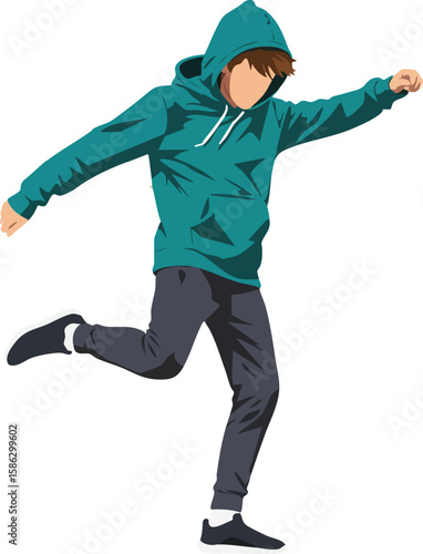 Young male wearing teal hoodie jumping energetic casual clothing vector illustration 