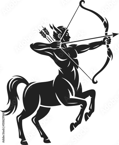 Centaur archer drawing, mythical creature with bow and arrow, vintage engraved illustration of half-human half-horse form