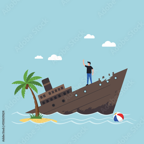 Shipwrecked man standing on rusted sunken ship near small island with palm tree and beach ball vector illustration 
