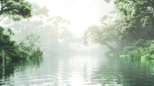 Misty forest river scene