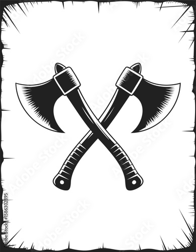 Crossed axes emblem in vintage engraved style, perfect for woodcutter designs, logos, and tattoo art