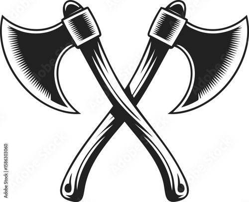 Crossed axes, vintage woodcutter tools, handheld hatchets, rustic emblem, depiction of strength and craftsmanship