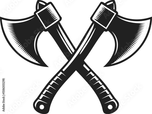 Crossed axes, woodcutter tools, vintage engraved style illustration of dual battle axes