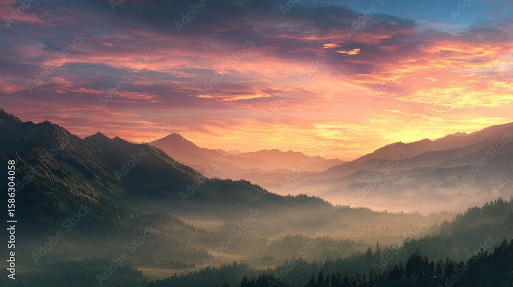 Fototapeta premium Landscape background with sunrise over misty mountains. Dramatic sky, rolling hills and serene nature scene at twilight.