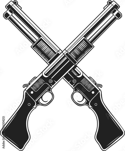 Crossed shotguns vector illustration, engraved style emblem, vintage woodcut design for logos, tattoos, and apparel