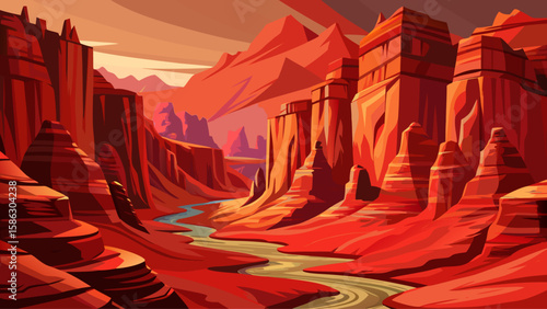 Charyn Canyon, Almaty Region, Kazakhstan – Deep red rock formations line the canyon walls. Desert hues and dramatic cliffs offer rugged natural textures for a stylized vector environment.