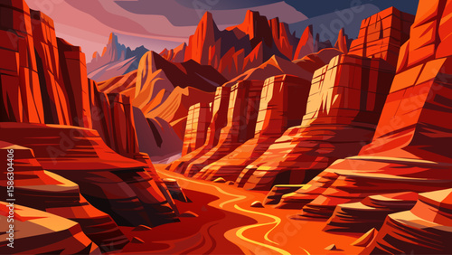 Charyn Canyon, Almaty Region, Kazakhstan – Deep red rock formations line the canyon walls. Desert hues and dramatic cliffs offer rugged natural textures for a stylized vector environment.
